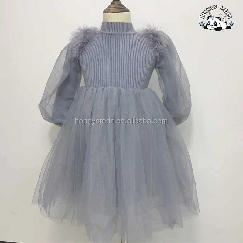 LEZONKIDS - Fashion Girls Long Sleeve Winter Sweater Dress Sweater Kids Dress Winter Feather Mesh Dress for 2-14 Years